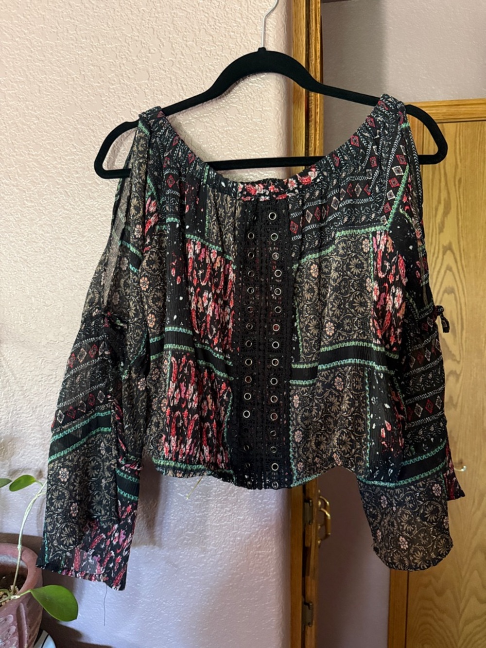 Lulumari Black Off-Shoulder Blouse with Pink & Green Accents